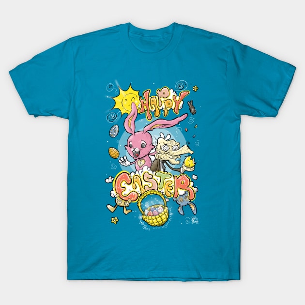 HAPPY EASTER with Cartoony Old Man Joe & the CUTEST Easter Bunny EVER Hand Drawn One of a Kind Art Clothing T-Shirt by BryanDassArt1